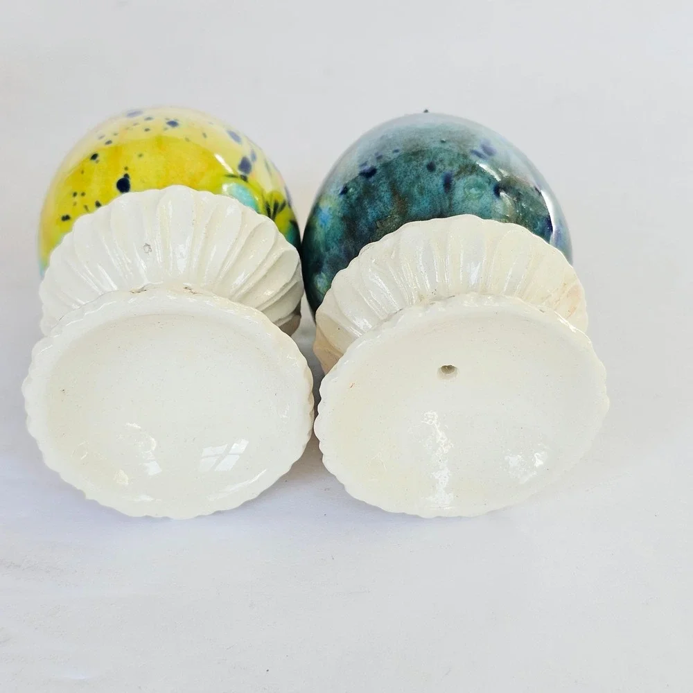 Vintage Ceramic Decorative Eggs Splatter Glaze Fluted Pedestal Stands Set of 2